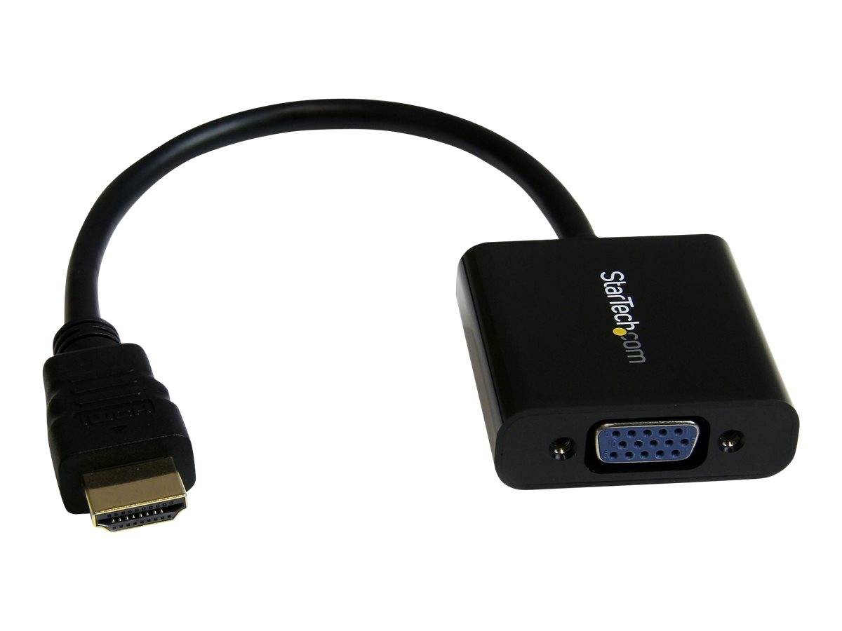 HDMI-zu-VGA-Adapterkabel mit männlichem HDMI-Stecker und weiblichem VGA-Anschluss, gekennzeichnet mit StarTech.com, zum Verbinden von HDMI-Geräten mit VGA-Displays.