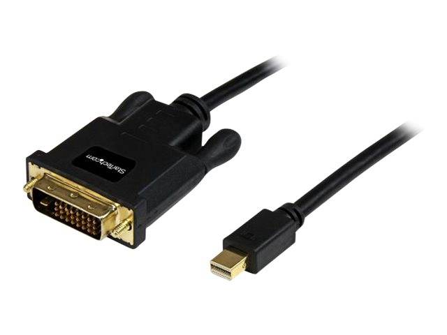 DVI-zu-Mini-DisplayPort-Kabeladapter mit schwarzen Anschlüssen auf weißem Hintergrund.