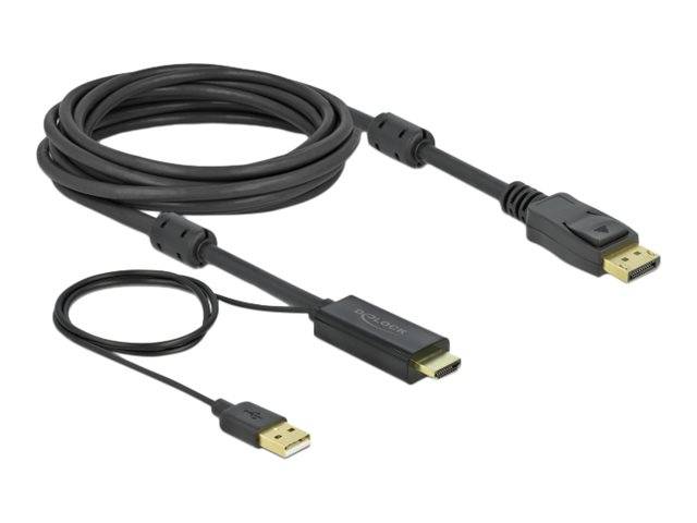 Zwei schwarze DisplayPort-Kabel mit vergoldeten Steckern, eines aufgerollt und eines kürzer, auf weißem Hintergrund dargestellt.