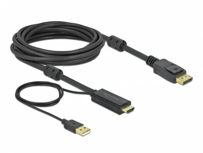Drei schwarze DisplayPort-Kabel mit vergoldeten Steckern, aufgerollt auf weißem Hintergrund, einschließlich eines Kabels mit vollständigem Stecker und eines Mini-Steckers.
