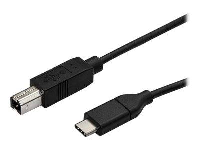 USB-Kabel mit einem quadratischen USB-B-Anschluss an einem Ende und einem USB-C-Anschluss am anderen Ende.