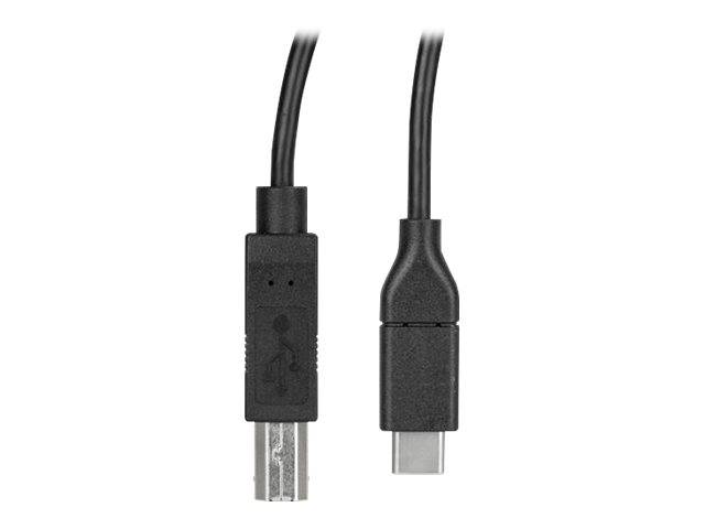 Nahaufnahme von zwei schwarzen USB-Kabeln mit unterschiedlichen Steckverbindern: Ein USB-A-Stecker auf der linken Seite und ein USB-C-Stecker auf der rechten Seite.