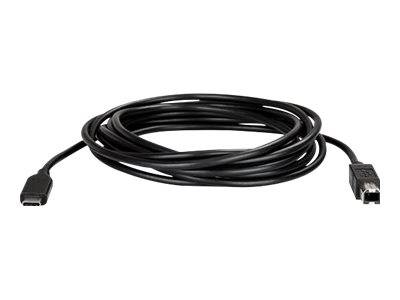 Aufgewickeltes schwarzes USB-Kabel mit USB-C-Anschluss an einem Ende und USB-B-Anschluss am anderen Ende.