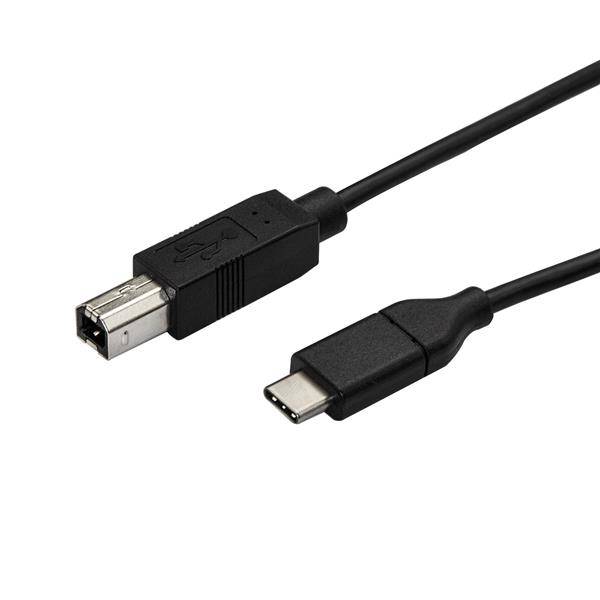 USB-C zu USB-B Druckerkabel mit zwei Steckerenden auf weißem Hintergrund.