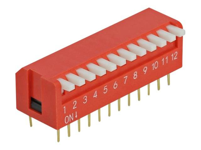 DeLOCK DIP flip switch piano 12-digit 2.54 mm pitch THT vertical - DIP-Schalter - Rot (Packung mit 2)