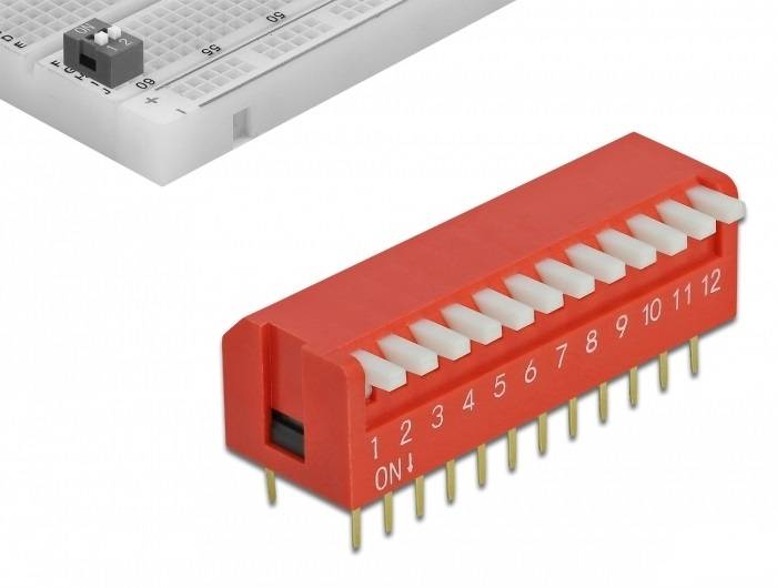 DeLOCK DIP flip switch piano 12-digit 2.54 mm pitch THT vertical - DIP-Schalter - Rot (Packung mit 2)