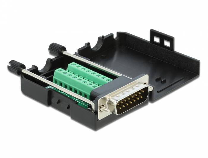 Ein D-Sub 15-polig-Steckverbinder-Breakout-Modul in einem schwarzen Kunststoffgehäuse mit grünen Schraubklemmen, geöffnet auf weißem Hintergrund gezeigt.