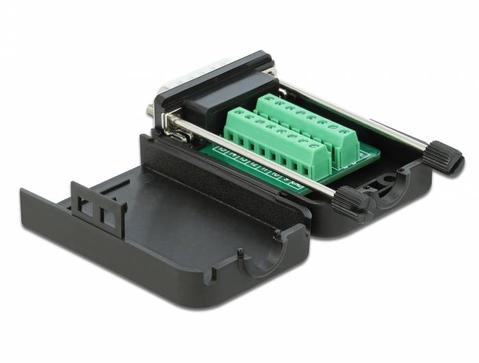 Schwarzes elektronisches Gehäuse mit offener Abdeckung, zeigt grüne Anschlussklemmen und interne Schaltungskomponenten auf weißem Hintergrund.