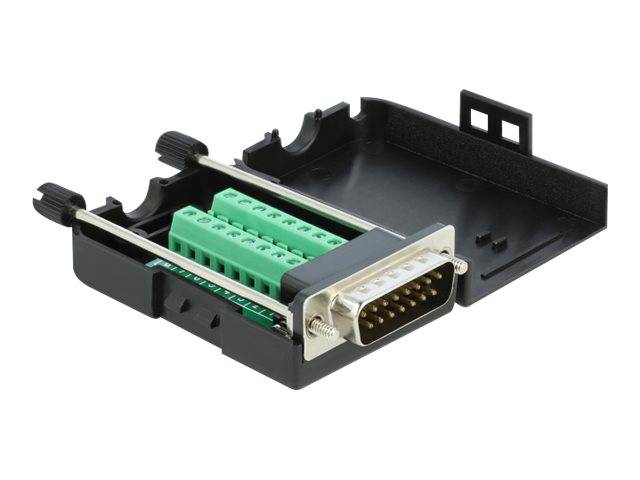 Ein DB9-Serienkonnektoradapter mit grüner Schraubenleiterklemme in einem schwarzen Kunststoffgehäuse, offen auf weißem Hintergrund dargestellt.