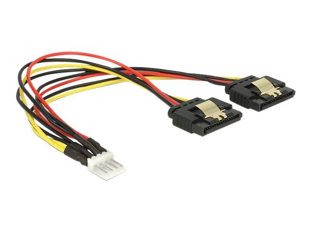 Ein Stromversorgungskabel für Computer mit zwei SATA-Steckverbindern und einem weißen 4-poligen Molex-Stecker.