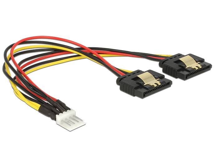 SATA-Stromverteiler-Kabel mit einem weißen 4-poligen Stecker und zwei schwarzen SATA-Stromsteckern auf weißem Hintergrund.