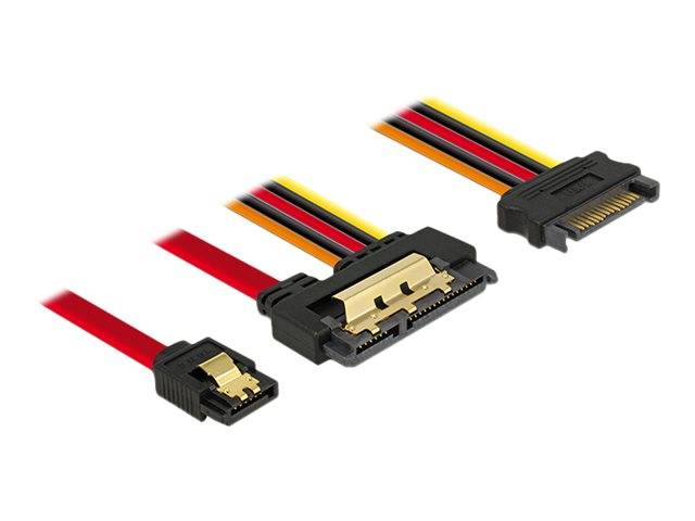Drei SATA-Stromstecker mit angebrachten roten, schwarzen, gelben und orangefarbenen Kabeln auf weißem Hintergrund.