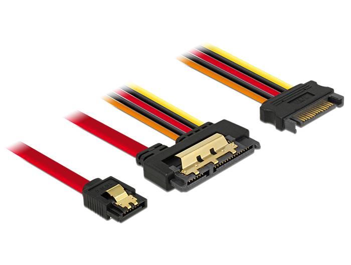 Drei SATA-Datenkabelstecker mit roten, mehrfarbigen und schwarzen Kabeln auf weißem Hintergrund dargestellt.