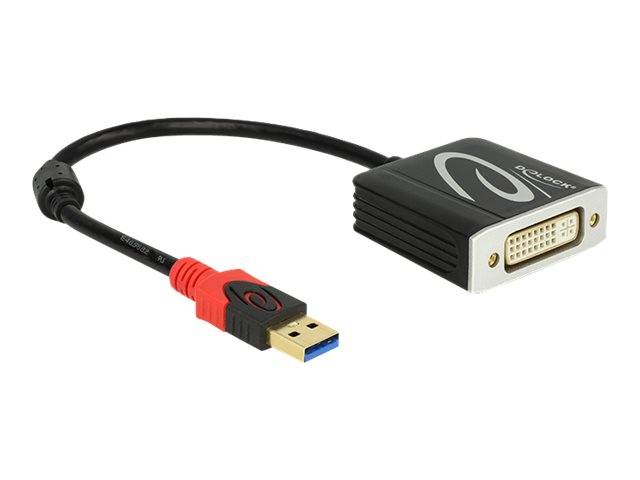 USB-zu-DVI-Adapterkabel mit USB-A-Stecker und DVI-Anschluss auf weißem Hintergrund