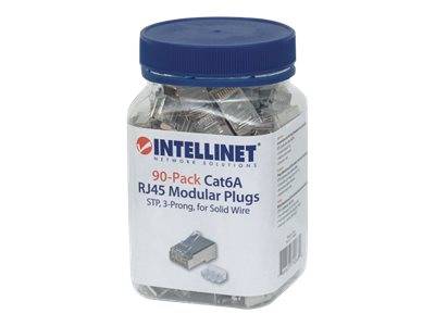 Intellinet 90er-Pack Cat6A RJ45-Modularstecker, STP, 3-Punkt-Aderkontaktierung, für Massivdraht, 90 Stecker im Becher -