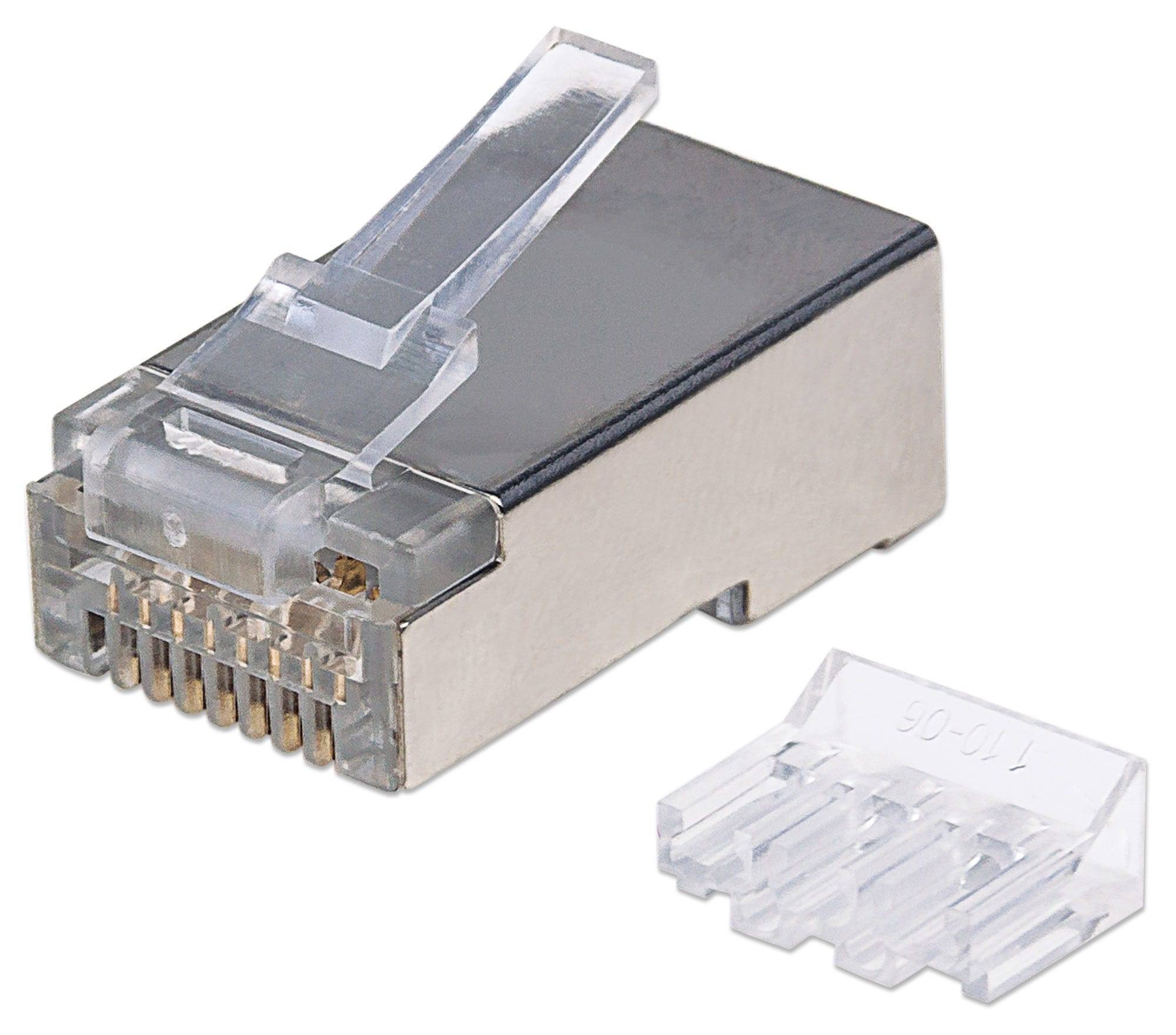 Intellinet 90er-Pack Cat6A RJ45-Modularstecker, STP, 3-Punkt-Aderkontaktierung, für Massivdraht, 90 Stecker im Becher -