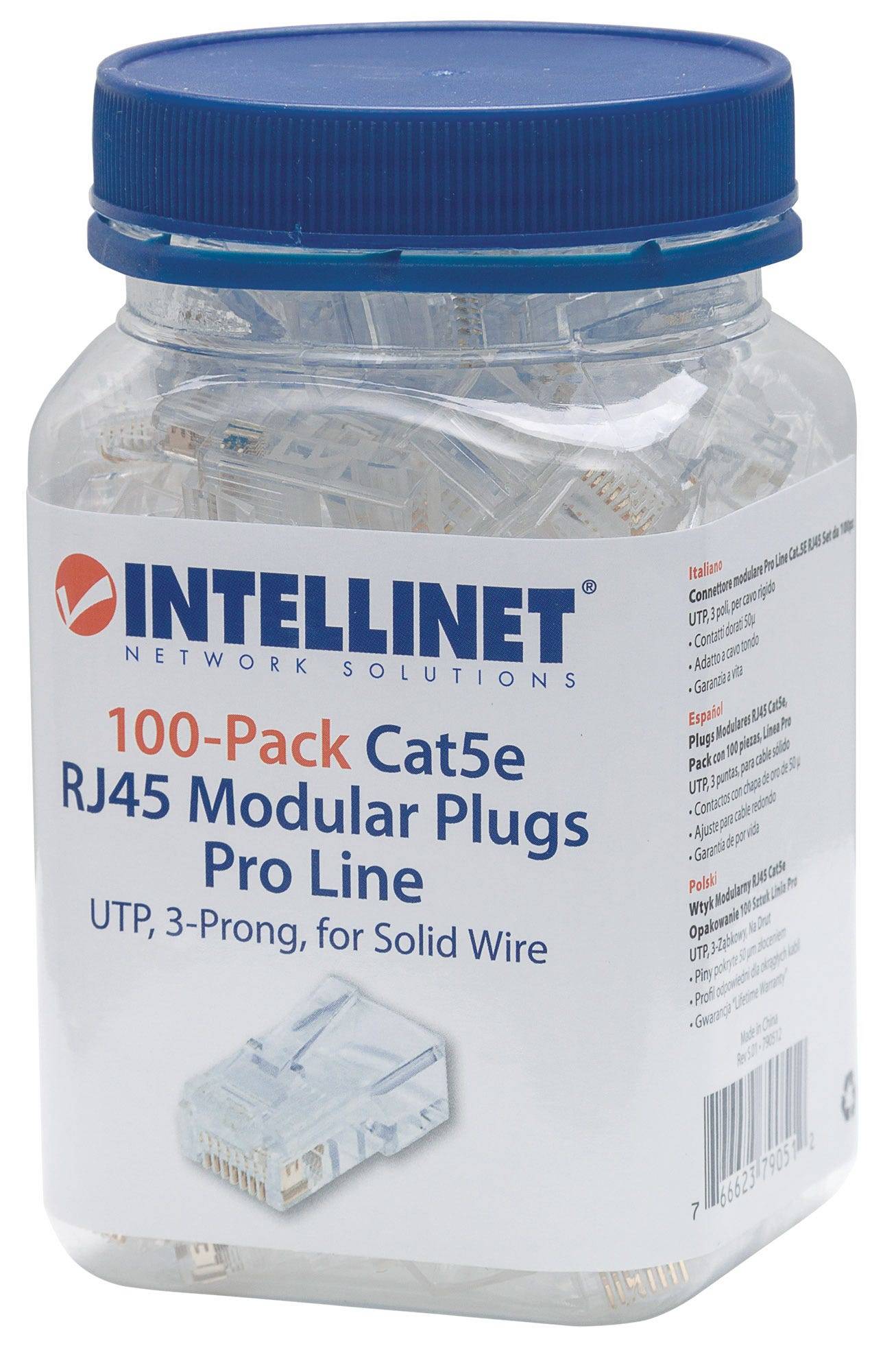 Intellinet 100er-Pack Cat5e RJ45-Modularstecker Pro Line, UTP, 3-Punkt-Aderkontaktierung, für Massivdraht, 100 Stecker i