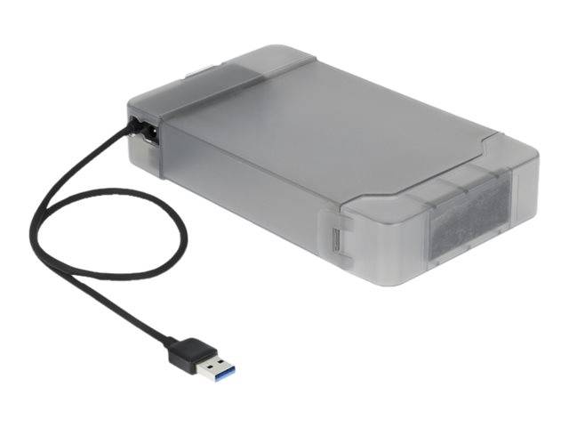 Tragbares graues Gerät mit angeschlossenem USB-Kabel, dargestellt vor weißem Hintergrund.