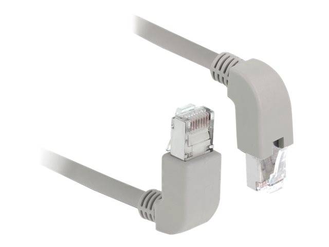 Zwei graue Ethernet-Kabelstecker mit rechtwinkligen Steckern, einer shown in einen Kabelanschluss gesteckt auf weißem Hintergrund.