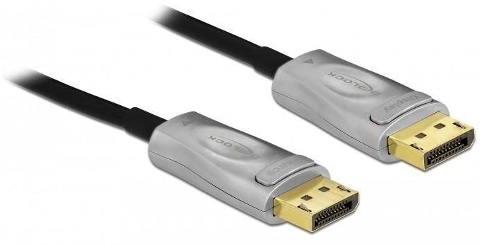 Zwei schwarze DisplayPort-Kabel mit silbernen Steckern, nebeneinander auf weißem Hintergrund gezeigt.