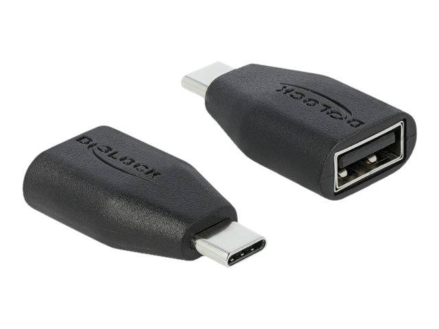 Zwei schwarze USB-Adapter: einer mit USB-C-Stecker auf USB-A-Buchse und einer mit USB-A-Stecker auf USB-C-Buchse, dargestellt auf weißem Hintergrund.