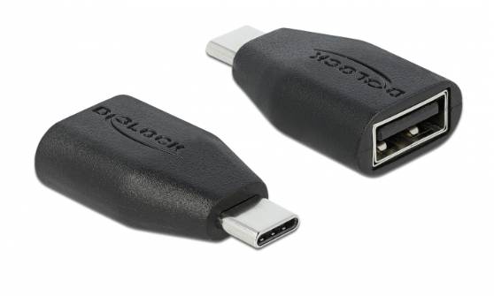 Zwei schwarze USB-Adapterverbinder auf weißem Hintergrund, ein USB-C-Stecker und ein USB-A-Buchse, Marke Delock.