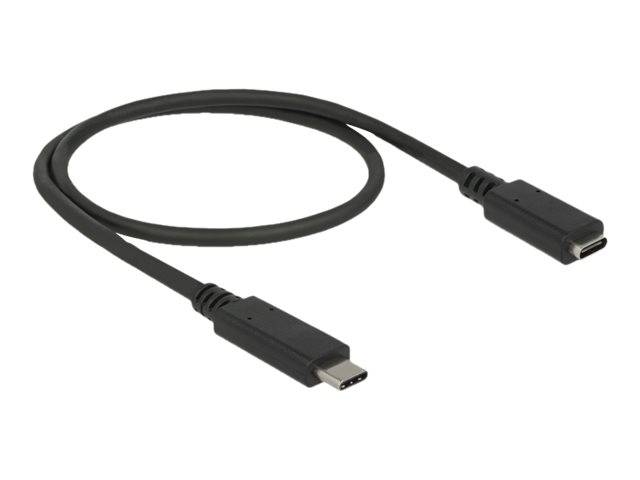 Schwarzes USB-C-Kabel mit entsprechenden USB-C-Anschlüssen an beiden Enden, aufgerollt auf weißem Hintergrund dargestellt.