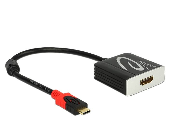 HDMI-Adapterkabel mit einer kleinen schwarz-silbernen Konverterbox und einem roten USB-C-ähnlichen Anschluss auf weißem Hintergrund