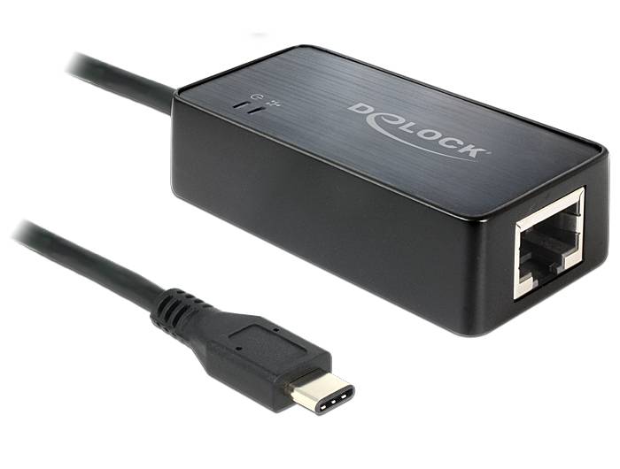 Schwarzer Delock USB-C-zu-Ethernet-Adapter mit angeschlossenem Kabel und RJ45-Netzwerkstecker