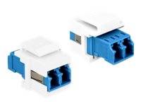 Zwei blau-weiße Lichtwellenleiterkabelstecker auf weißem Hintergrund dargestellt.