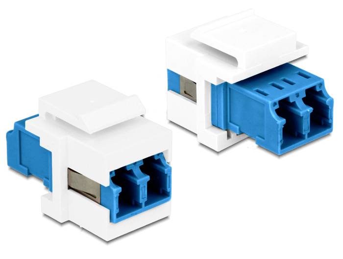 Zwei blau-weiße Faseroptik-Koppler-Module auf weißem Hintergrund gezeigt, mit sichtbaren quadratischen blauen Steckerports.