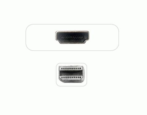 Zwei AV-Anschlüsse auf einem weißen Panel: ein größerer HDMI-Anschluss oben und ein kleinerer Mini-HDMI-Anschluss unten.