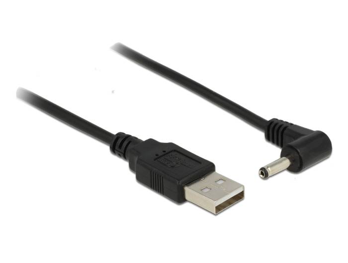 USB-Kabel mit USB-A-Stecker auf der einen Seite und abgewinkeltem DC-Hohlstecker auf der anderen Seite.
