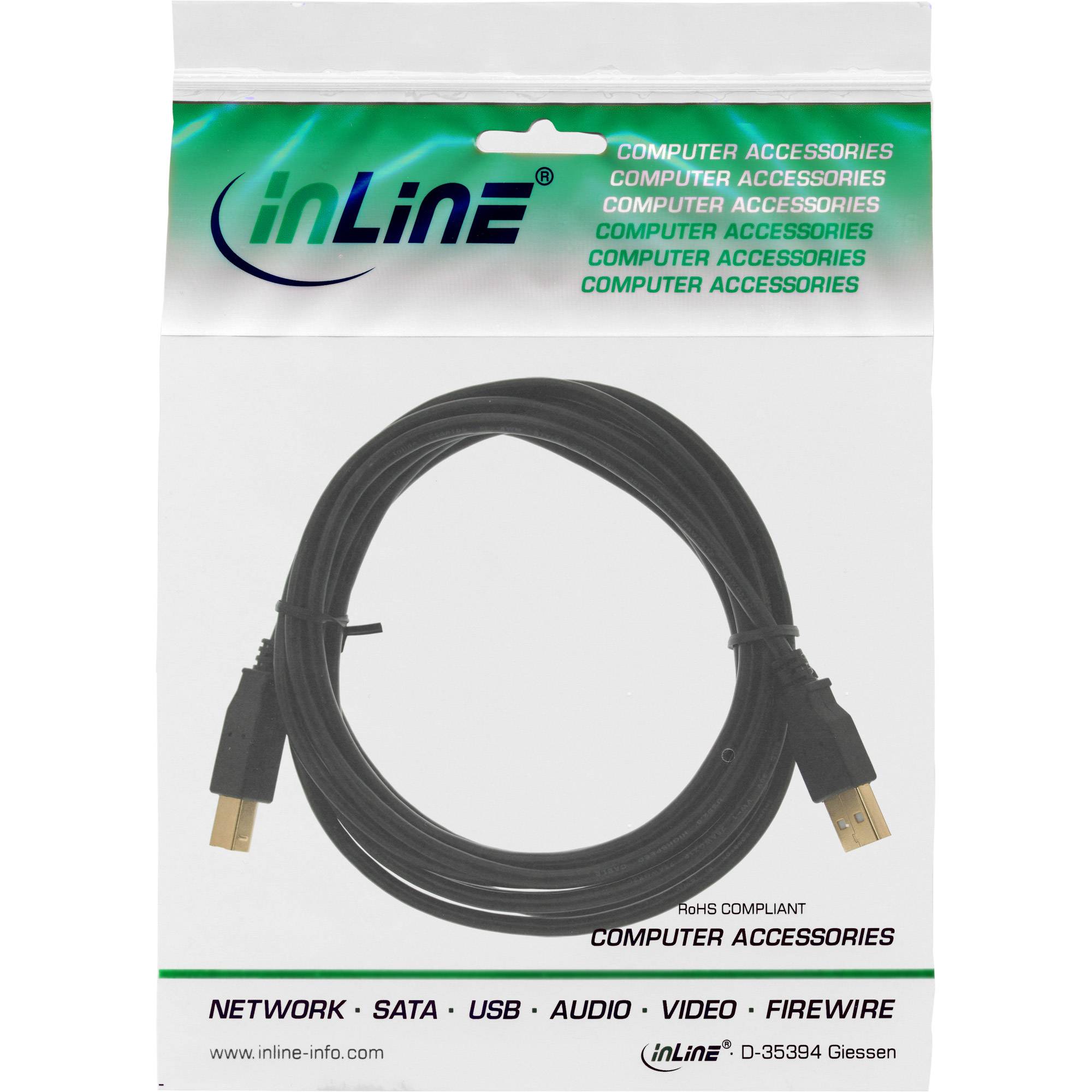 INLINE - USB 2.0 Kabel - A an B - schwarz - Kontakte gold - 10m