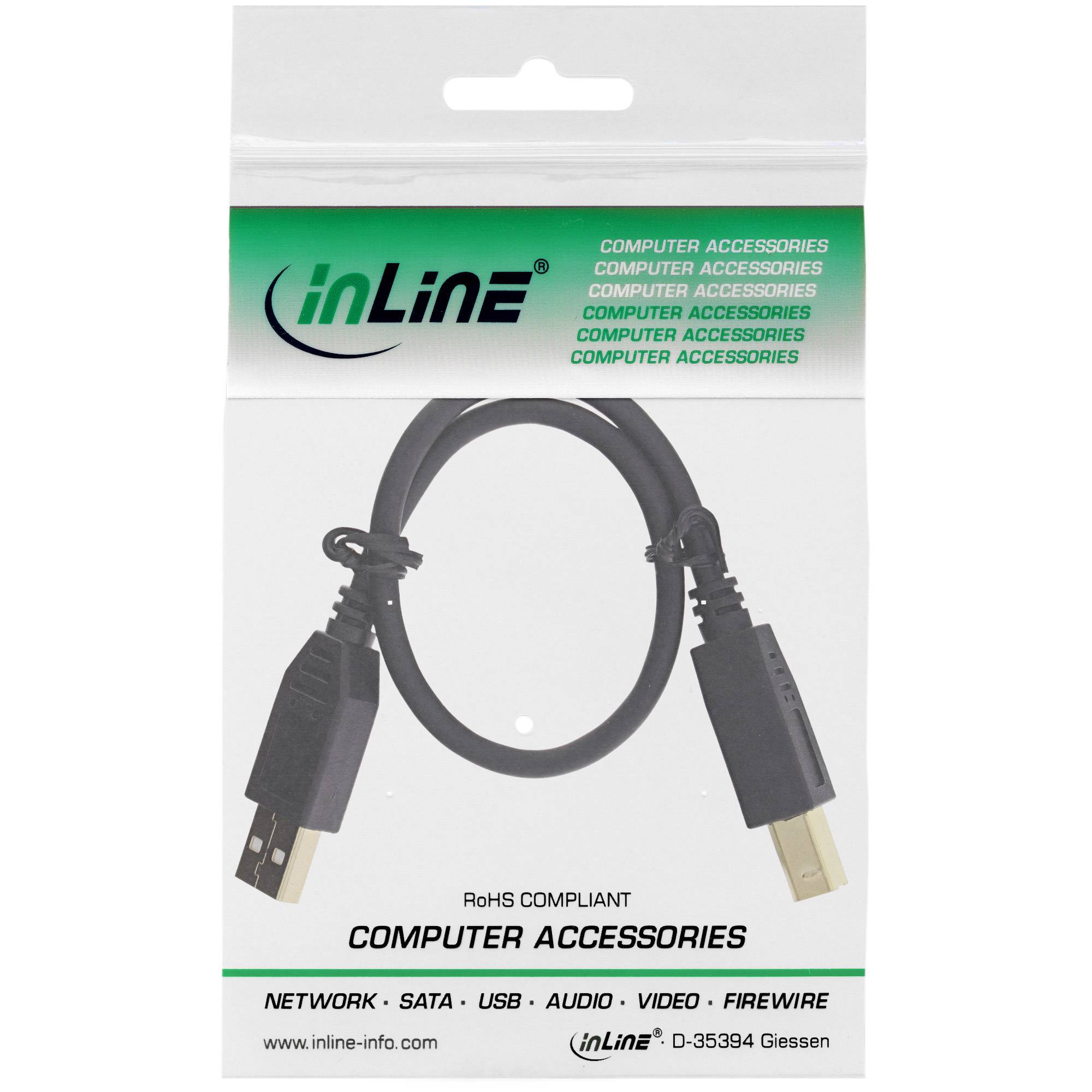 INLINE - USB 2.0 Kabel - A an B - schwarz - Kontakte gold - 0,3m