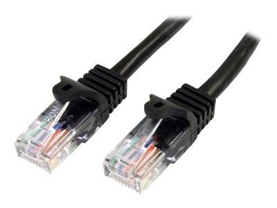 Zwei schwarze Ethernet-Kabel mit RJ45-Steckern nebeneinander auf weißem Hintergrund gezeigt.