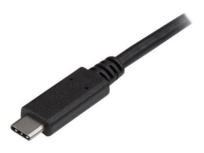 Schwarzes USB-C-Kabel mit Anschluss auf einfachem weißem Hintergrund.