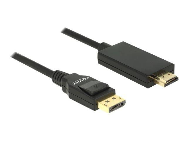 Zwei DisplayPort-Kabel mit schwarzen Steckern, eines mit Standardstecker und eines mit größerem Adapterverbinder, dargestellt vor weißem Hintergrund.