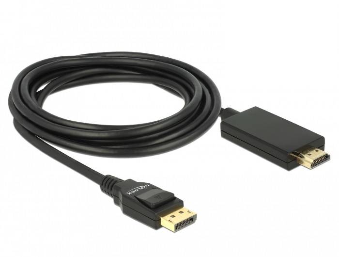 Schwarzes DisplayPort-Kabel mit vergoldeten Steckern, ein Standardstecker und ein Adapterendes, auf weißem Hintergrund.