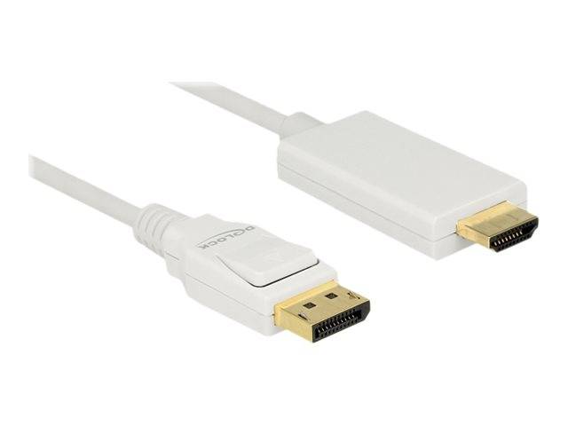 Zwei weiße DisplayPort-Kabel mit vergoldeten Steckern auf weißem Hintergrund, in Großaufnahme dargestellt.