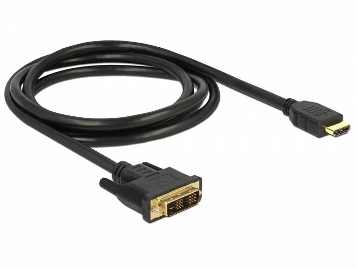 Schwarzes HDMI-auf-DVI-Kabel mit vergoldeten Steckern auf weißem Hintergrund.