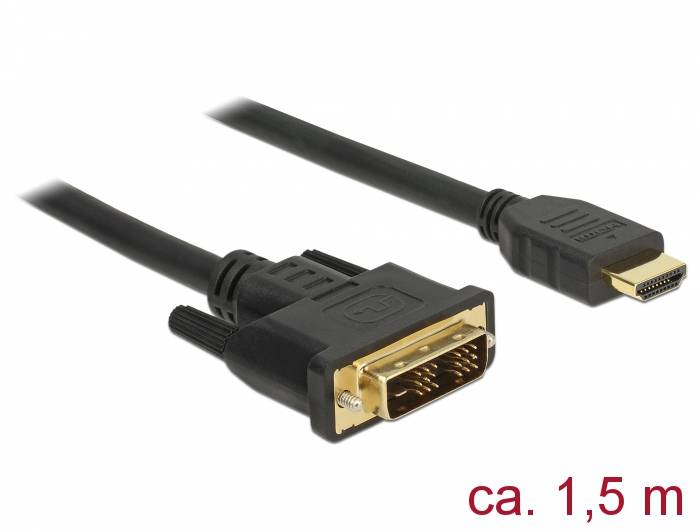 DVI-Kabel und HDMI-Kabelstecker nebeneinander dargestellt, beschriftet mit „ca. 1,5 m