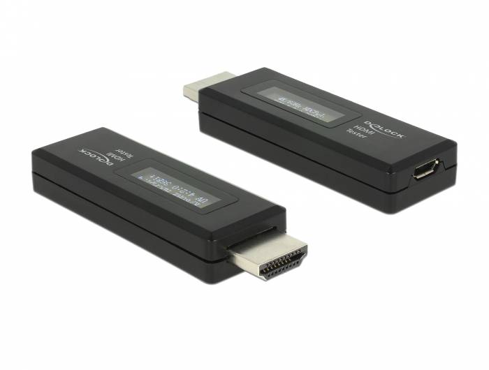 Zwei schwarze HDMI-Adapter auf weißem Hintergrund dargestellt, einer mit einem männlichen HDMI-Stecker und einer mit einer weiblichen HDMI-Buchse.