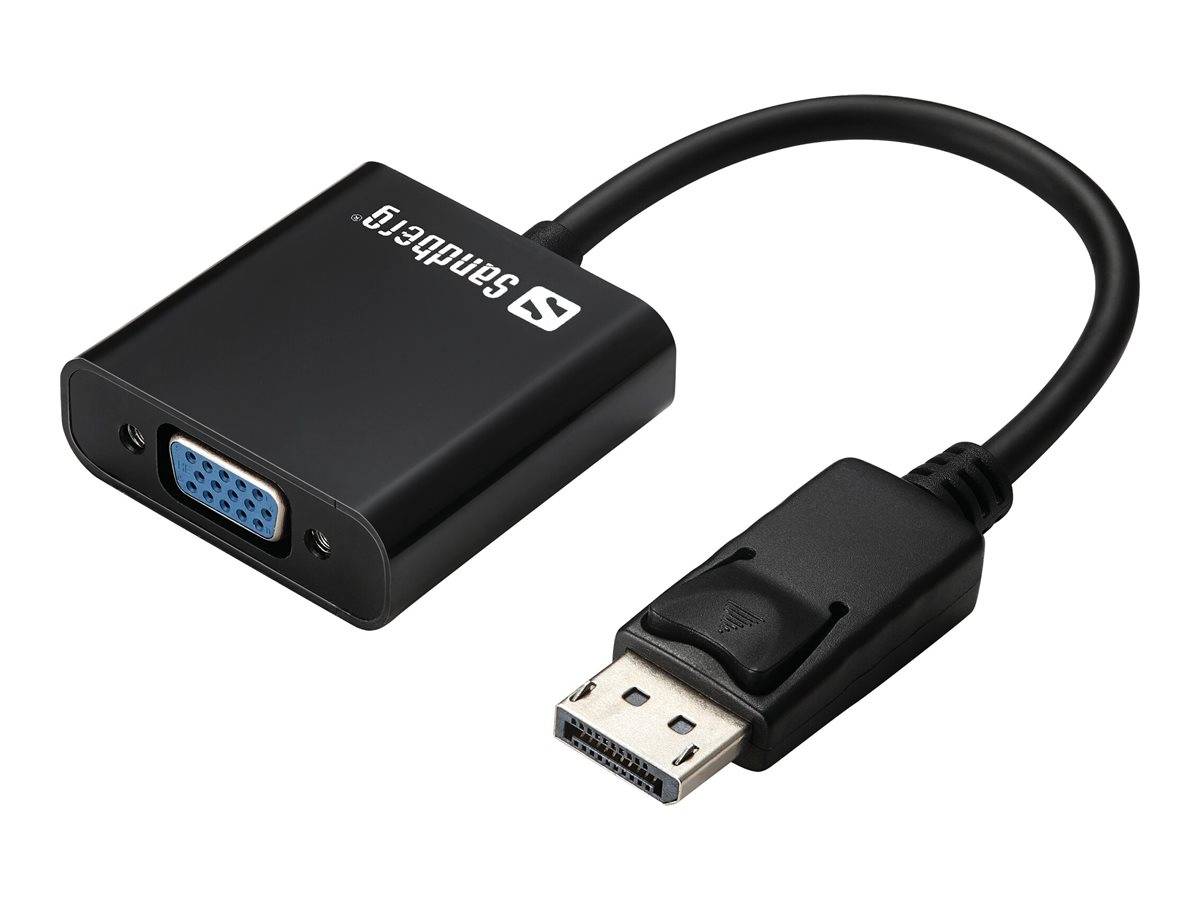 DisplayPort-zu-VGA-Adapterkabel mit schwarzem Sabrent-Adaptergehäuse und angeschlossenem DisplayPort-Stecker, verwendet zum Anschließen eines Computers an einen VGA-Monitor.