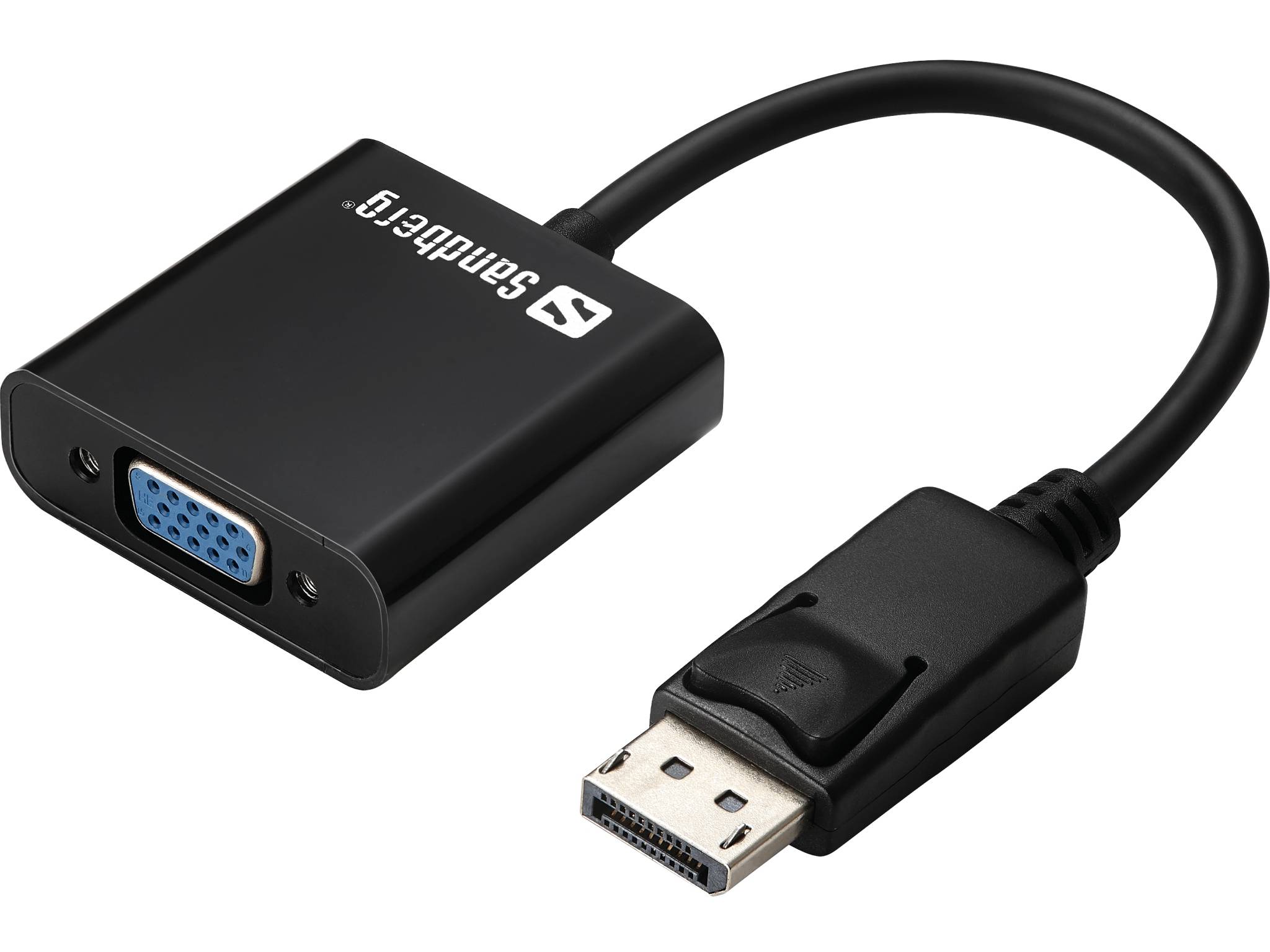 Schwarzes Sandberg Adapterkabel mit HDMI-Stecker und VGA-Buchse zum Anschluss von Geräten an einen Monitor oder Beamer.
