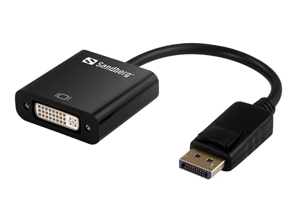 Sandberg DisplayPort-zu-DVI-Adapterkabel mit DisplayPort-Stecker an einem Ende und DVI-Ausgangsanschluss am anderen Ende.