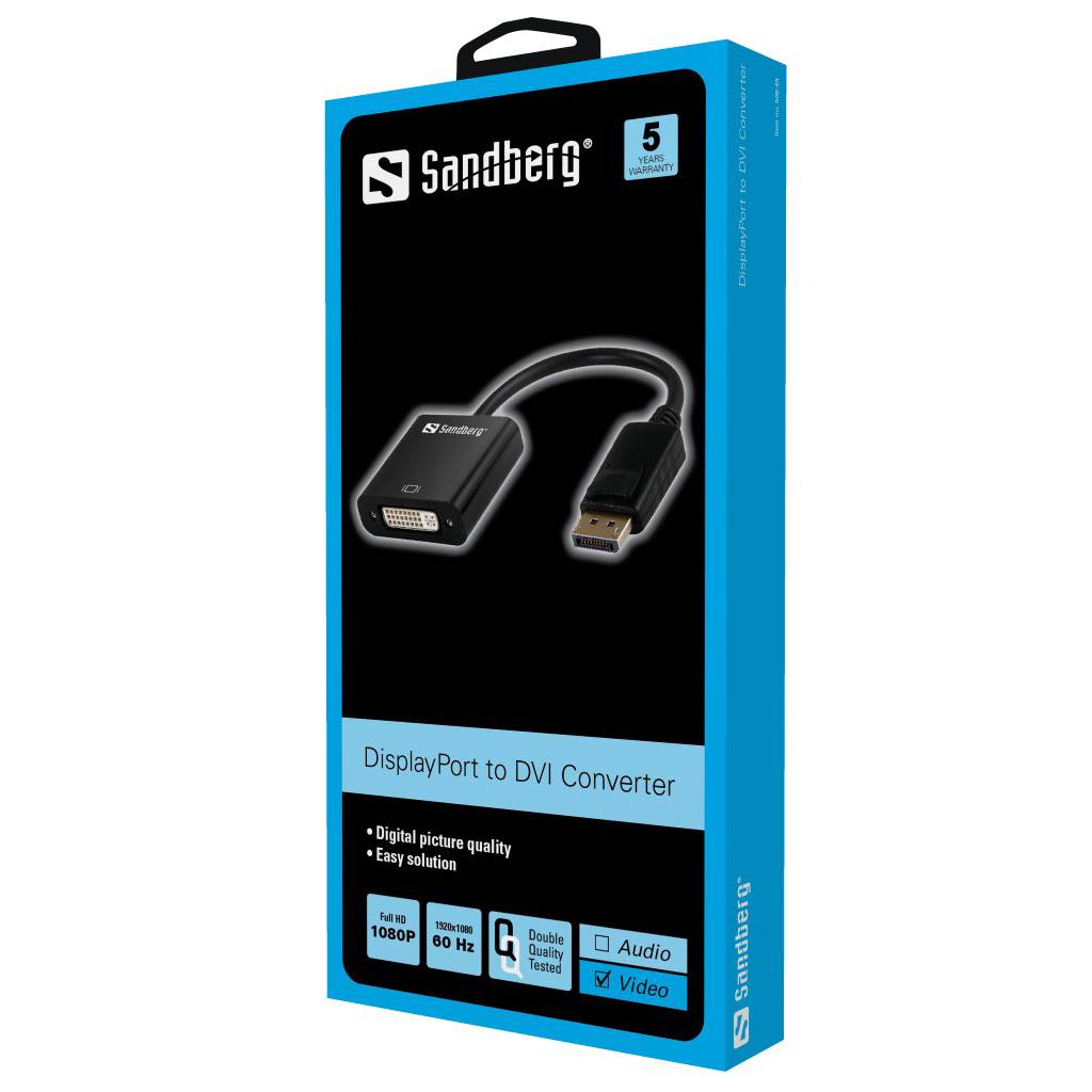 Sandberg DisplayPort zu DVI Konverter Box Verpackung mit dem Adapterkabel, mit „5 Jahre Garantie