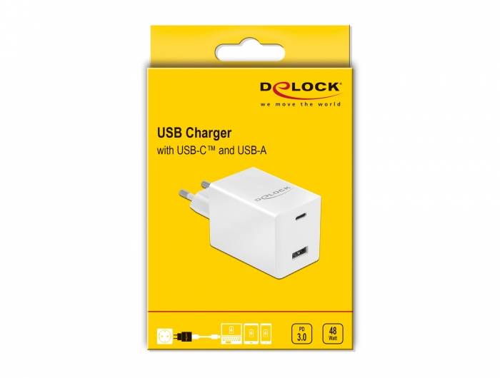 Delock - Netzteil - 48 Watt - 3 A - Fast Charge, PD 3.0 - 2 Ausgabeanschlussstellen (USB, 24 pin USB-C)