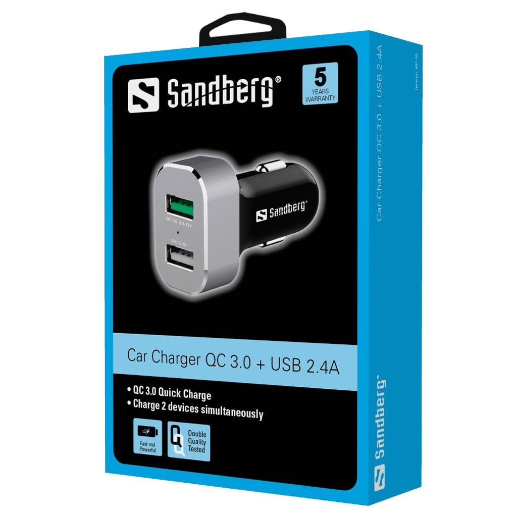 Sandberg Car Charger 1xQC 3.0+1xUSB2.4A - Auto-Netzteil - 3 A - QC 3.0 - 2 Ausgabeanschlussstellen (USB)