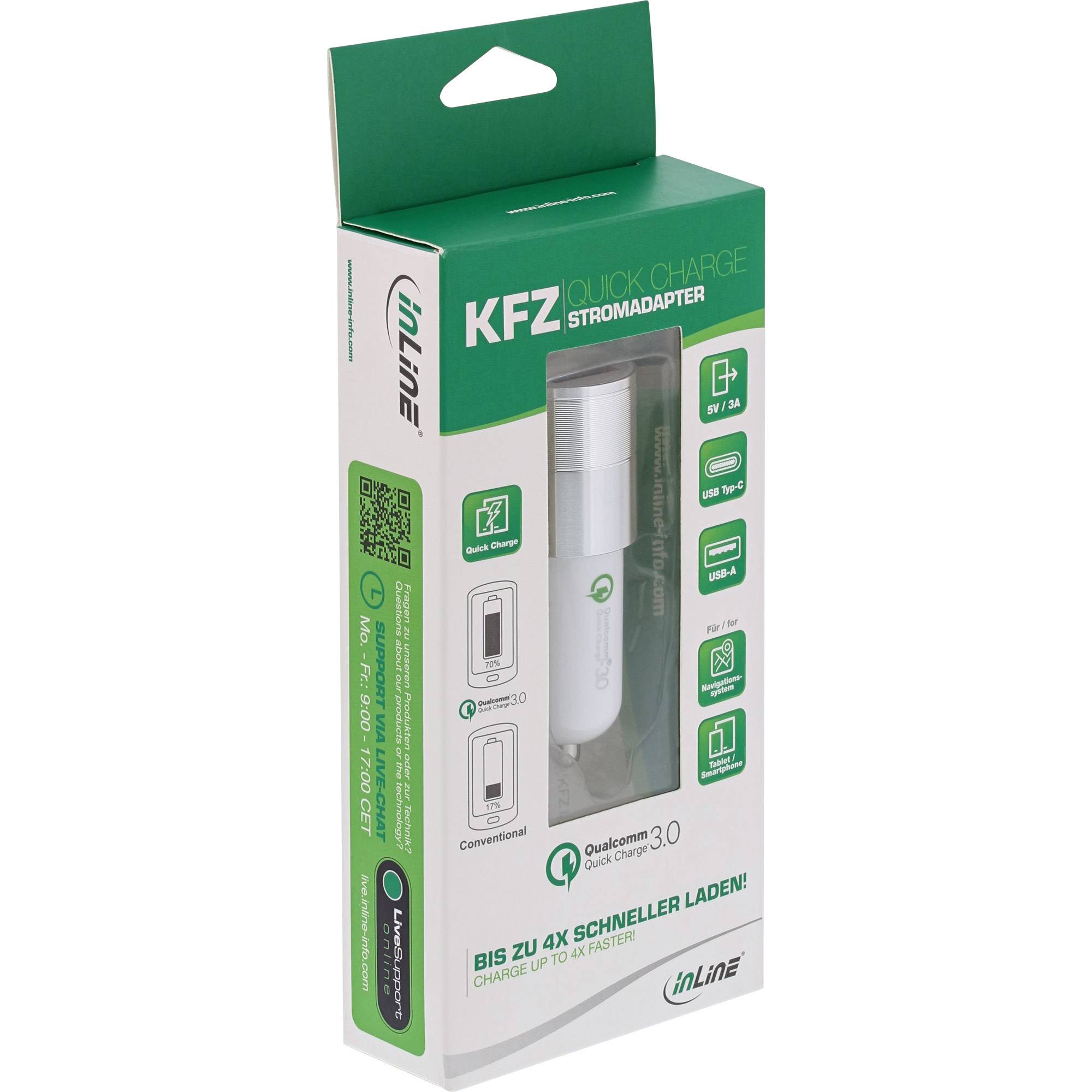 INLINE - USB KFZ Stromadapter Quick Charge 3.0 - 12/24VDC zu 5V DC/3A - USB-A+USB-C